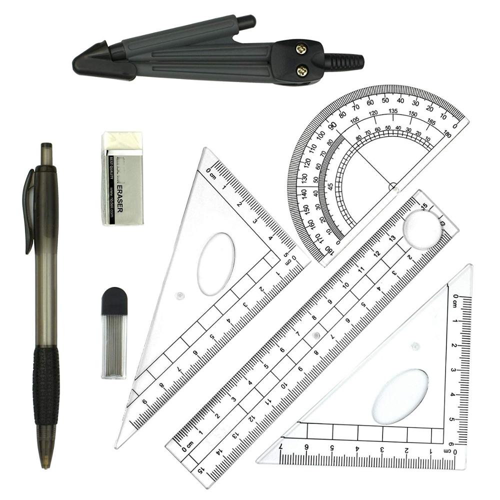8 Pcs Compass Set Geometry Math Drawing Compass Protractor Rulers Pencil Lead Refills Pencil Eraser Students Engineering Drawing