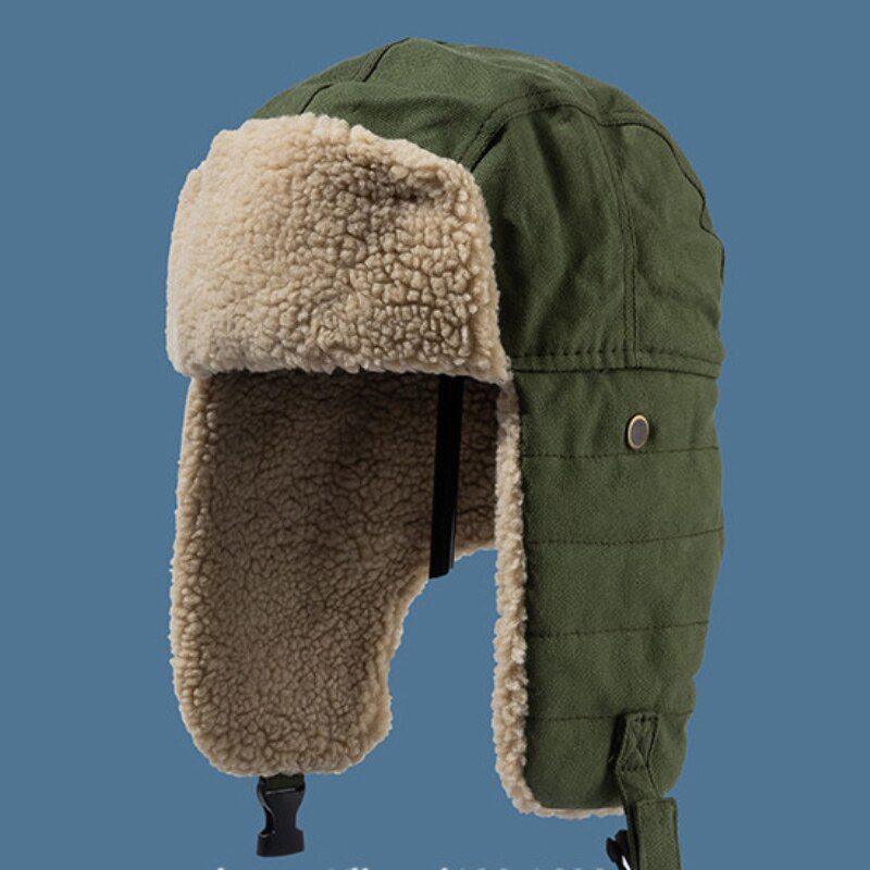 Ht3425 vinterhatt tjock varm berber fleece trapper öronlock lock män kvinnor lammull rysk hatt manlig kvinnlig bomber hatt: Grön