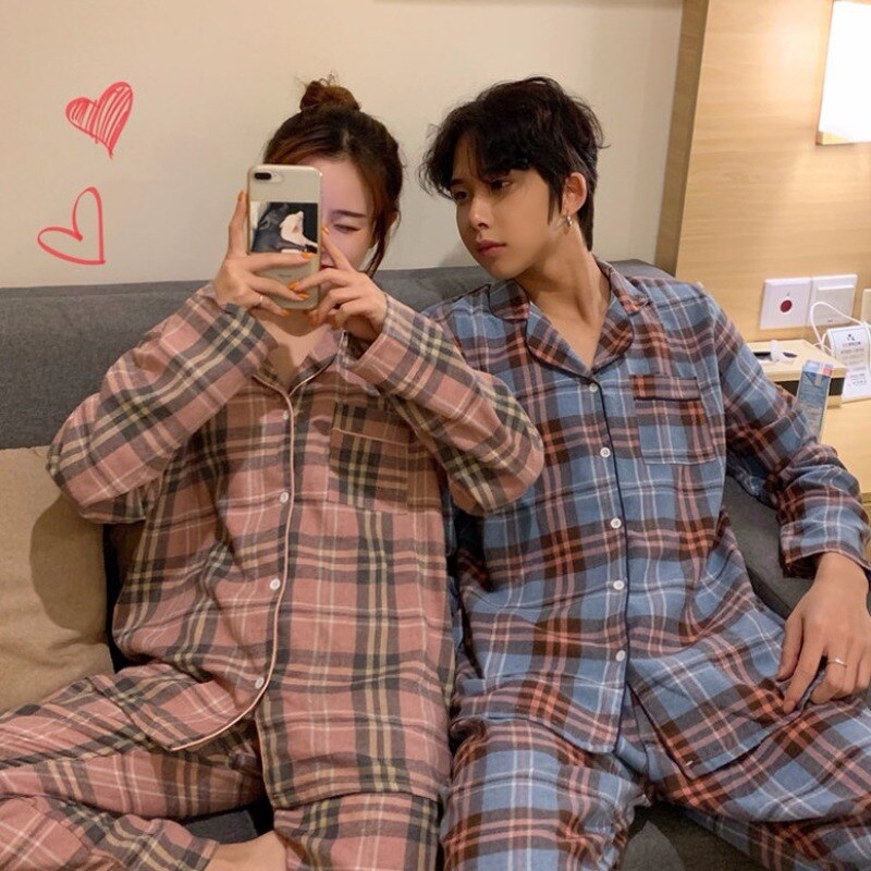 Xifer forår og efterår koreansk version af det børstede gitter komfortabel par pyjamas langærmede bukser home wear sæt