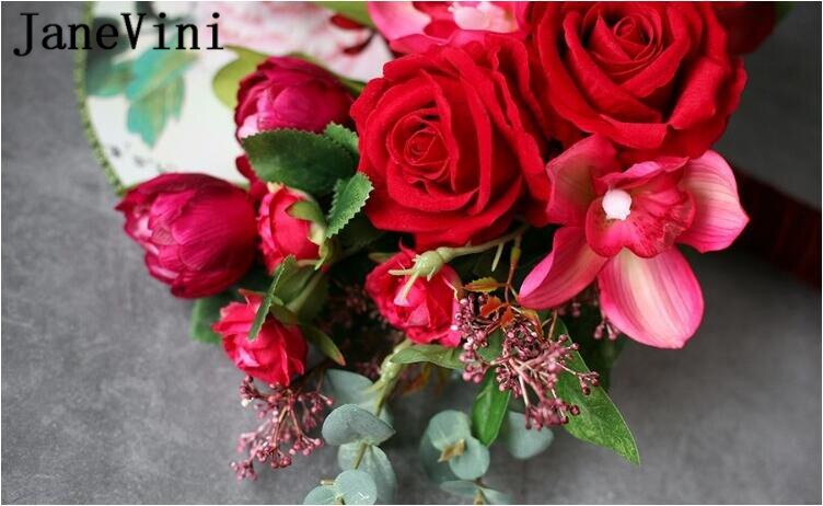 JaneVini Chinese Style Bridal Fan Handmade Red Rose Bride Wedding Bouquet Artificial Catwalk Holding Flowers Round Palace Fans