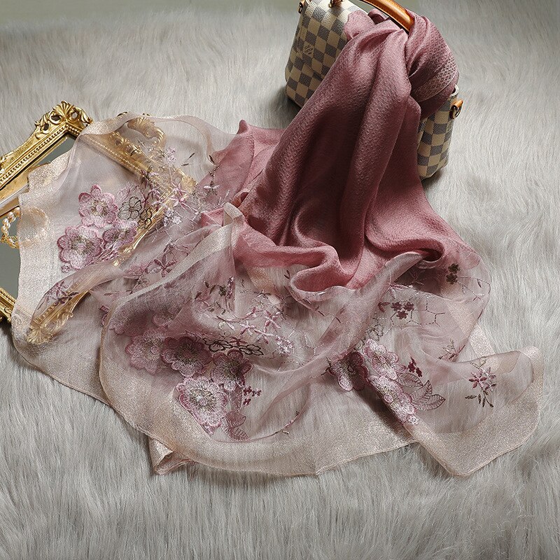 Luxury Brand silk scarf Women begonia flower silk embroidery scarf Autumn and winter female scarf ladies: Color 2