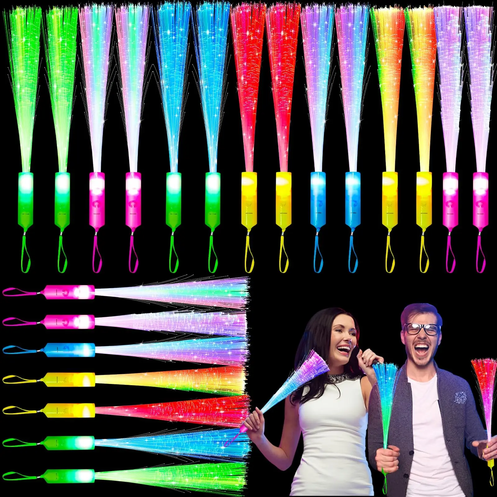 Varas piscantes operadas por bateria, varinhas de fibra óptica que brilham, varinhas de luz de fibra óptica que brilham no escuro, brinquedos iluminados