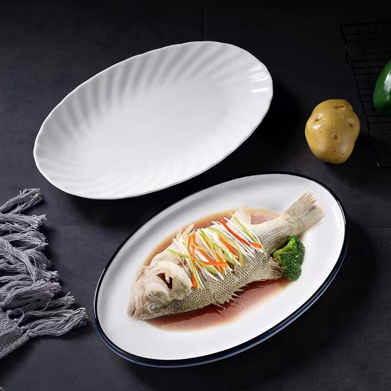 Fish Plate Oval Ceramic Plate Restaurant High Temperature Steamed Fish Plate (large Quantity and Price Can Be Negotiated)