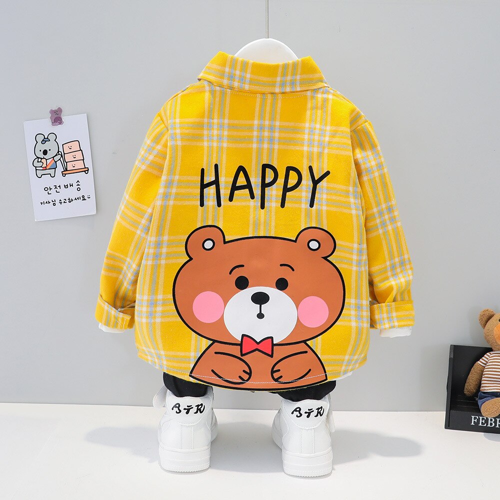 Pasgeboren Baby Overhemd Voor Jongen Lange Mouw Revers Cartoon Beer Print Blouses Lente Herfst Katoen Peuter Vest Pocket Kids Shirts