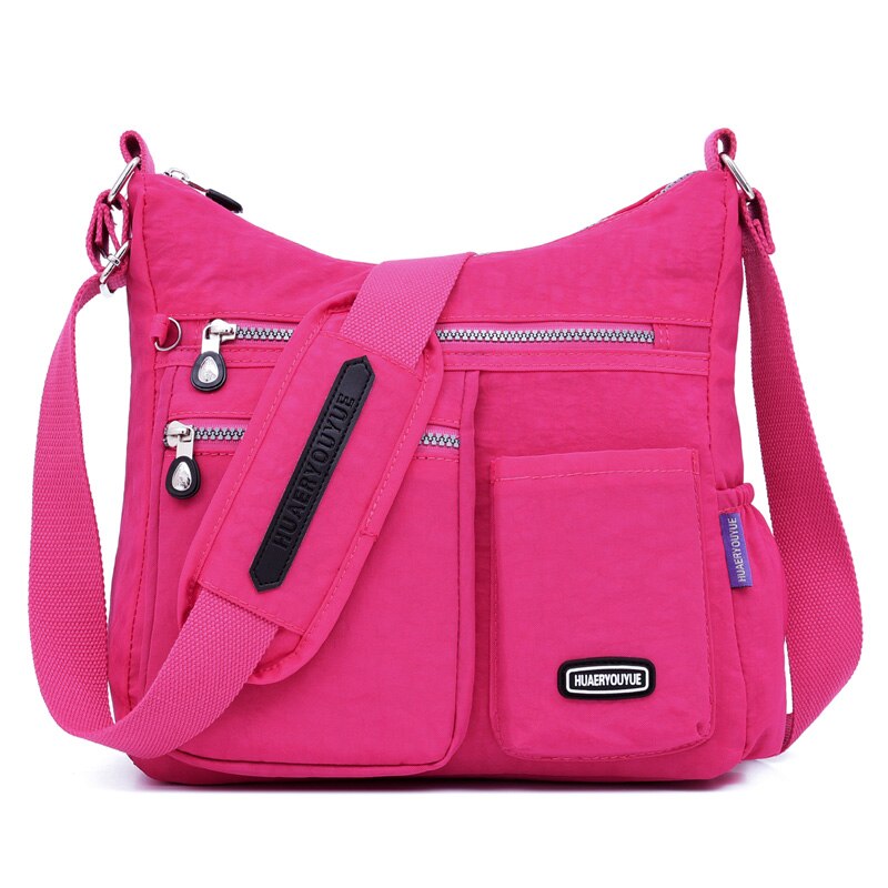 Kvinner nylon skuldervesker multi glidelås lomme budvesker vanntett crossbody bag topphåndtak ryggsekk veske tote: Hot pink