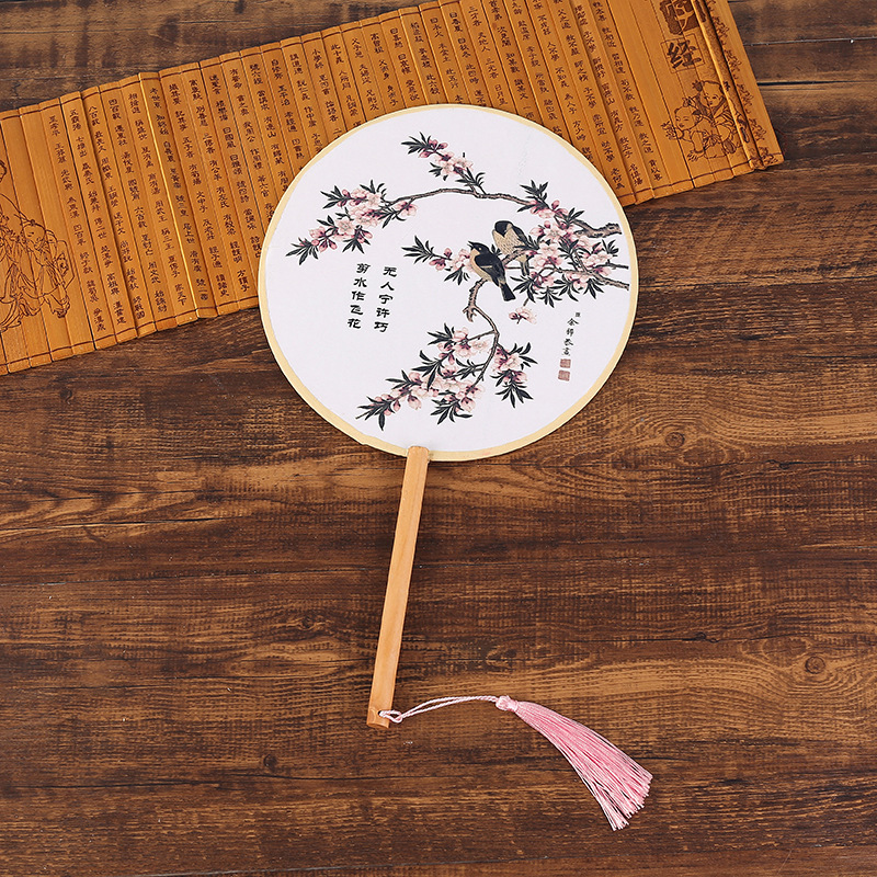 Vintage Round Fan Long Handle Tassel Dancing Hanfu Circular Fan Ancient Chinese Style Classical Printed Court Round Fan Wedding