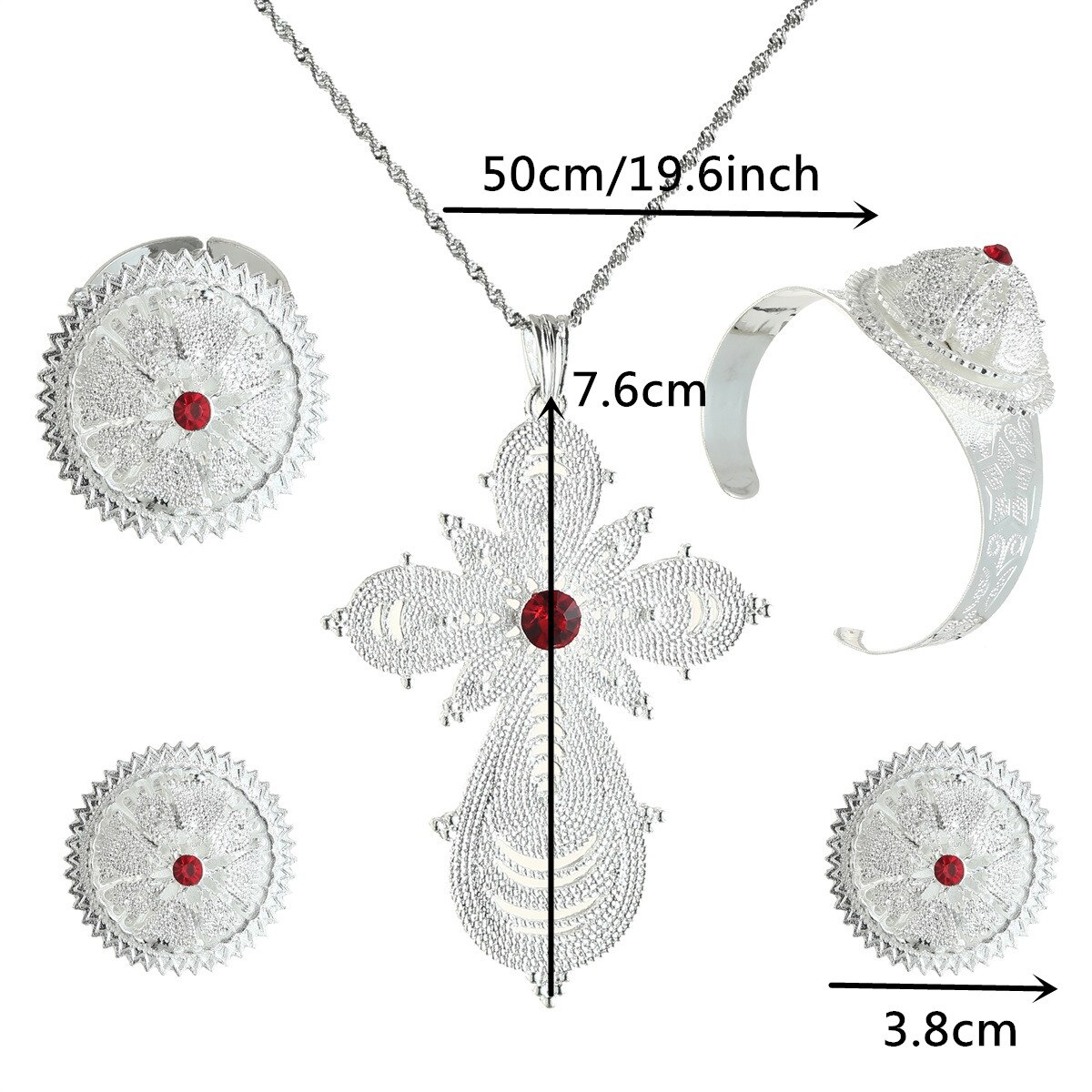 Mode Bridal Ethiopië Eritrean Afrikaanse Ketting Oorbellen Rode Zirconia Vrouwen Ethiopische Cross Sieraden Set