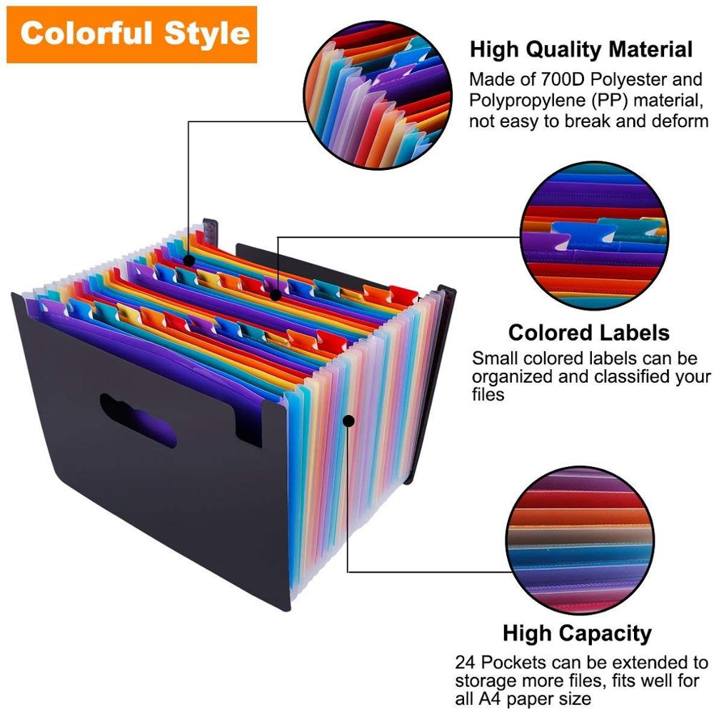 24 Pockets Multicolored Expanding Files Folder Portable A4 Expandable Accordion File Organizer with High Capacity Plas