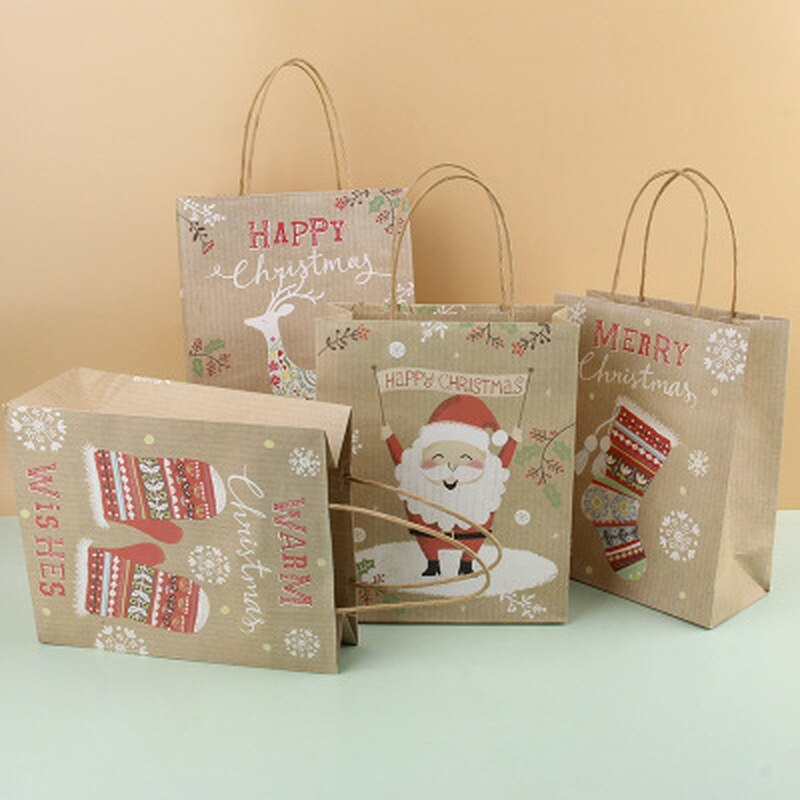 Merry Christmas Bags Kraft Paper Handbag Bag Xmas Tree Snowflake Christmas Candy Box Year Kids Favors Packaging Bag