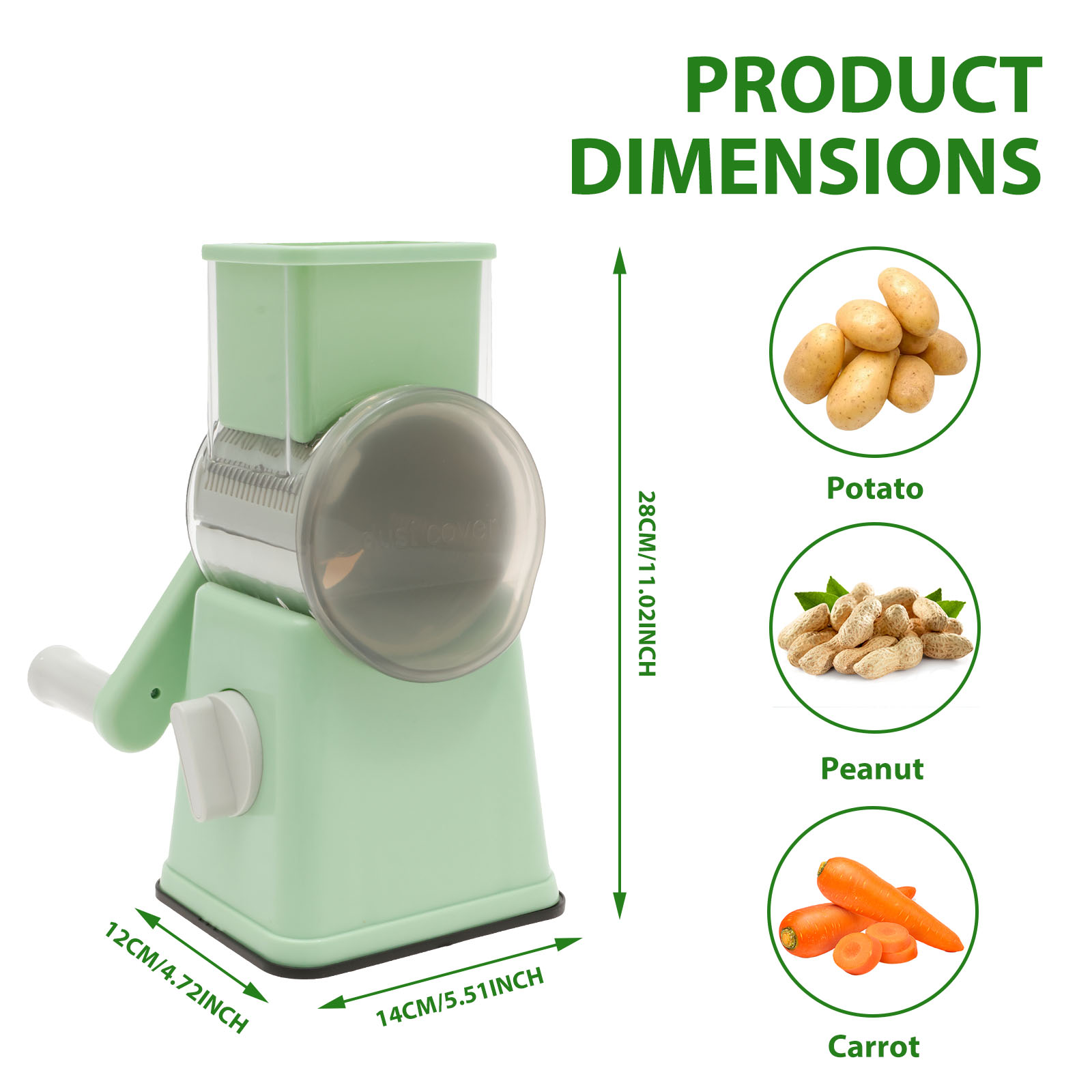 Rallador de queso giratorio, cortador de verduras multifuncional con 12 cuchillos rizados de acero inoxidable, cortadores de rodillo para apretar a mano para Cocina