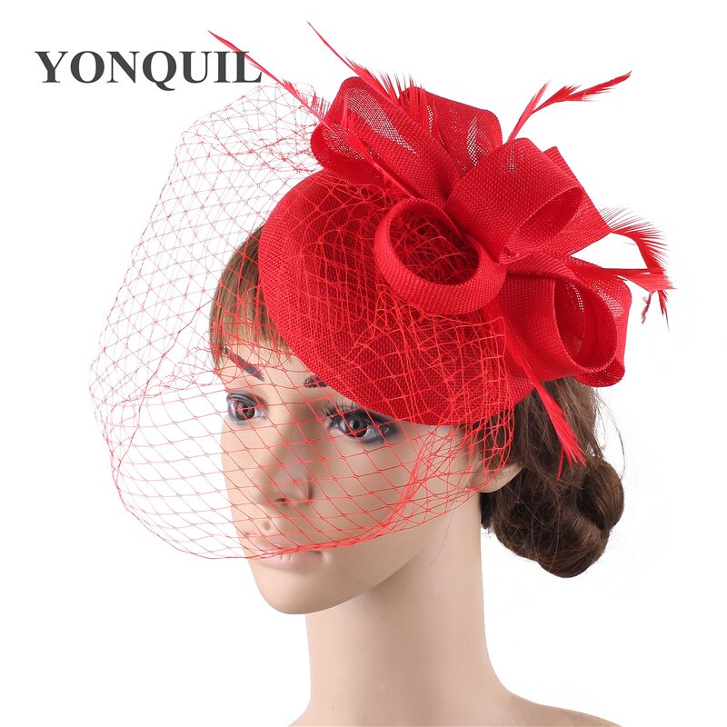Bruid Bruiloft Witte Hoofddeksel Elegante Dames Mariage Mesh Tovenaar Hoed Fancy Veils Chapeau Cap Mode Kerk Hoofddeksels Womens: Rood