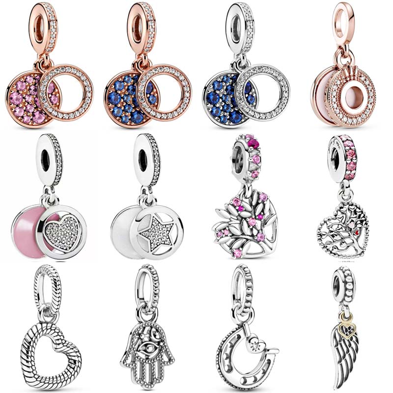 Pandora sparkling rosa & azul cristal disco coração árvore da família pingente contas 925 prata esterlina encantos caber pulseira jóias diy