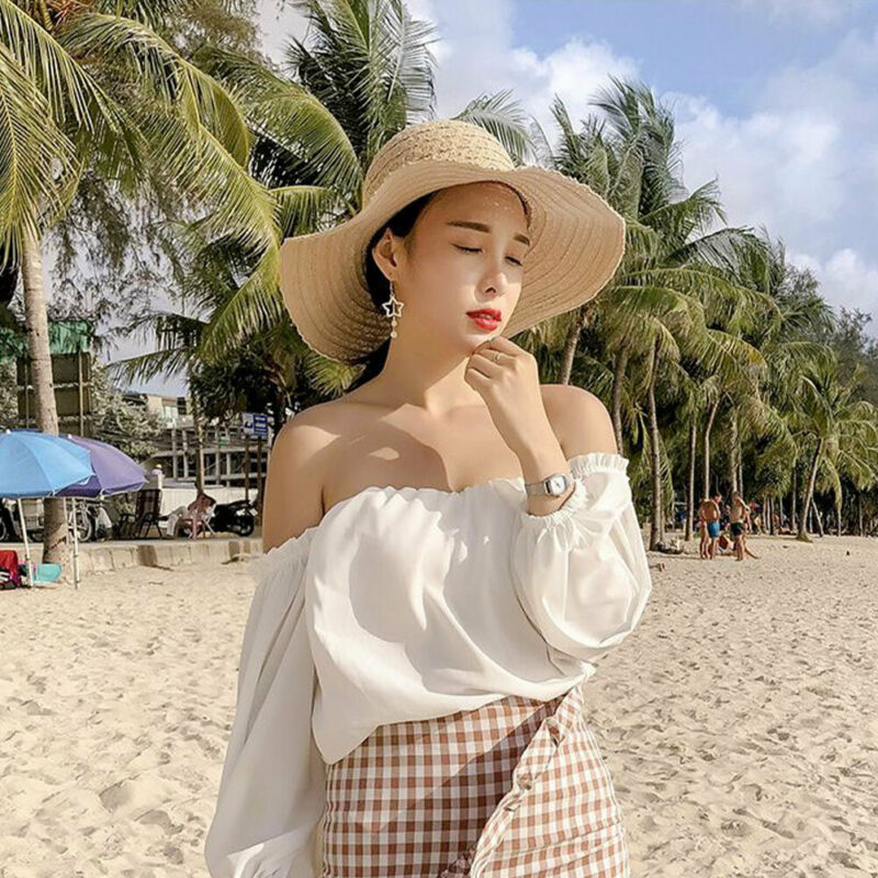 Women Summer Big Wide Brim Straw Bucket Hat Beach Sun Foldable Bow Cap