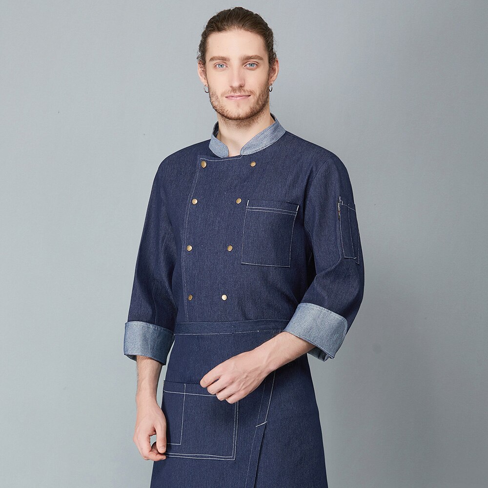 Uniforme de Chef de , ropa de cocinero, panadería, restaurante, ropa de trabajo de cocina, manga larga, camarera, Catering, chaquetas de Chef, tops: Denim Blue / L