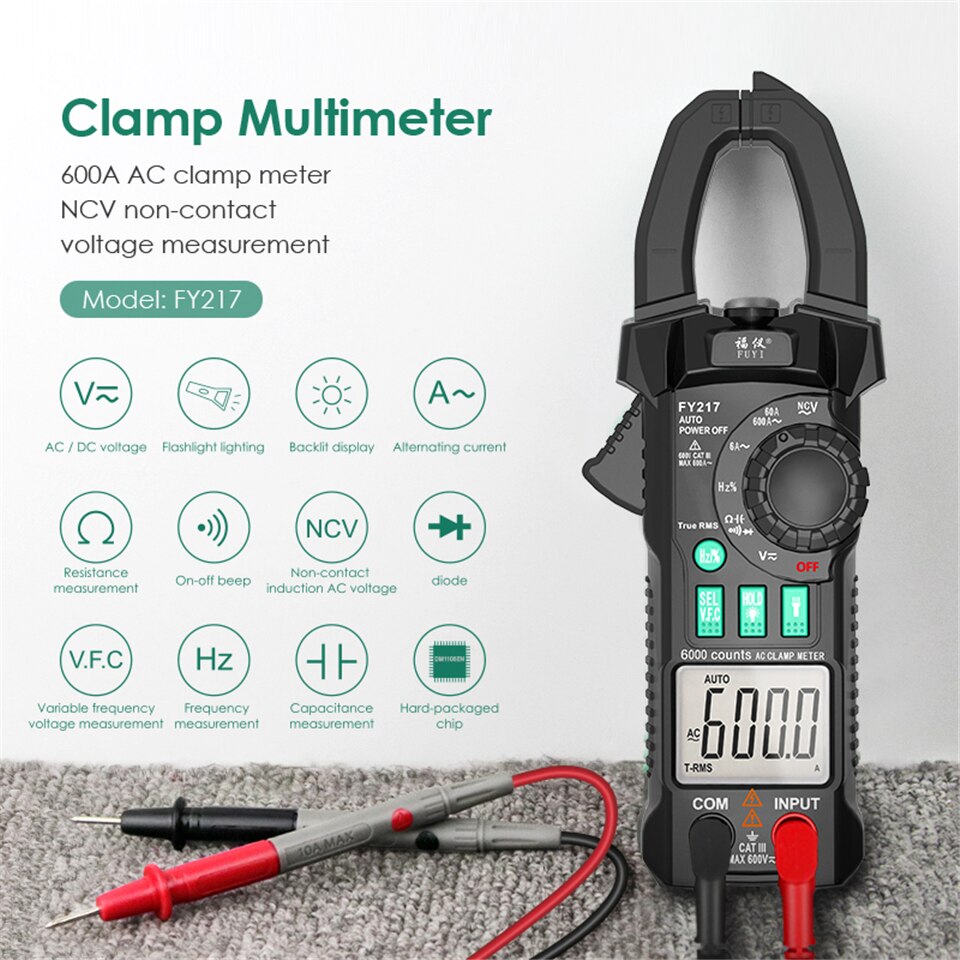 Mastfuyi FY212 / FY217 Digital Clamp Meter 600A AC Current AC/DC Voltage True RMS Auto Range VFD Capacitance NCV Tester Ammeter: FY217 Black
