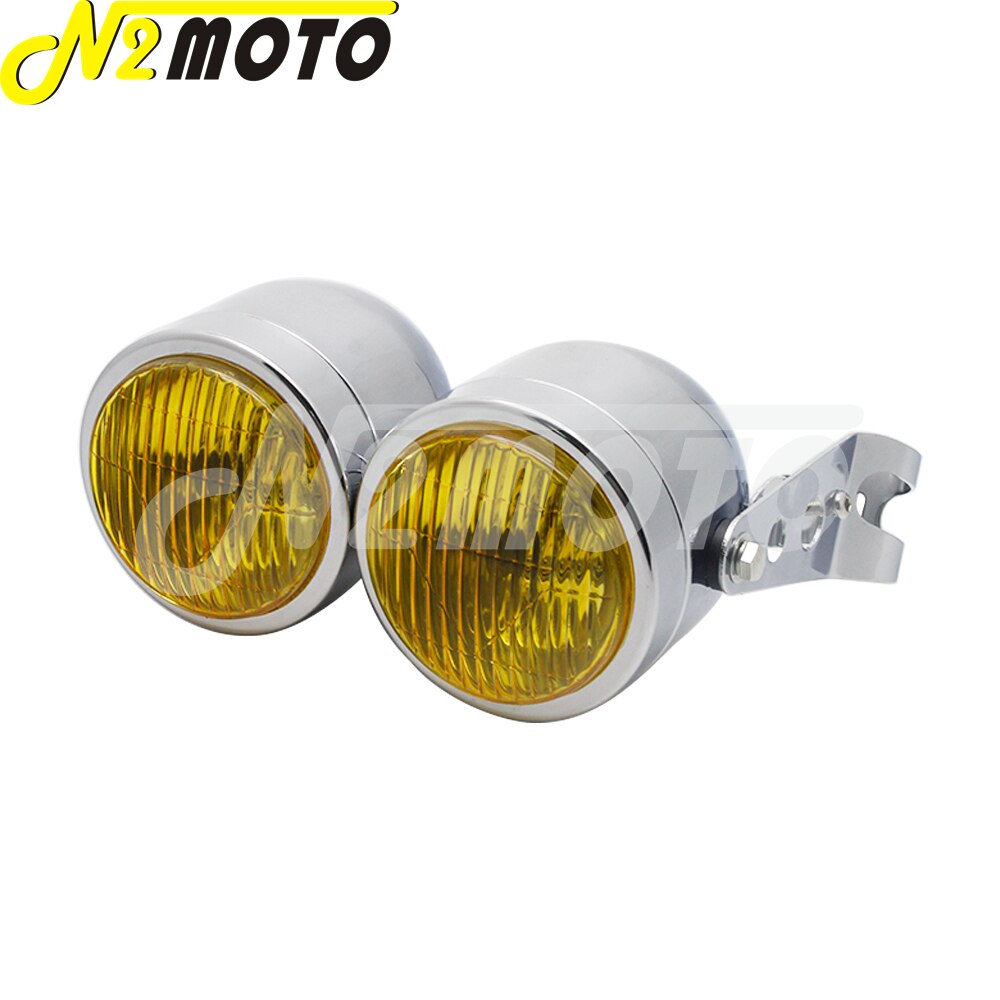 Chrome Amber Motorcycle Retro Twin Headlight Holder Fork Double Dual Head Lamp For Harley Dyna Bobber Chopper Cafe Racer Custom
