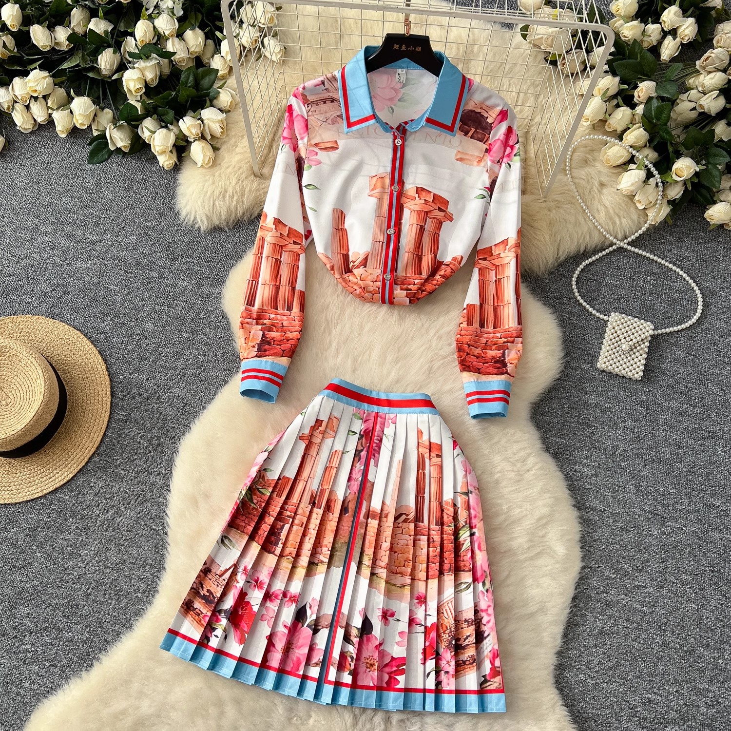 Sommar catwalk vacker blommig kjol kostym långärmad tryckt skjorta toppar + veckad minikjol dam s 2- delade outfits kjol: S / Svart