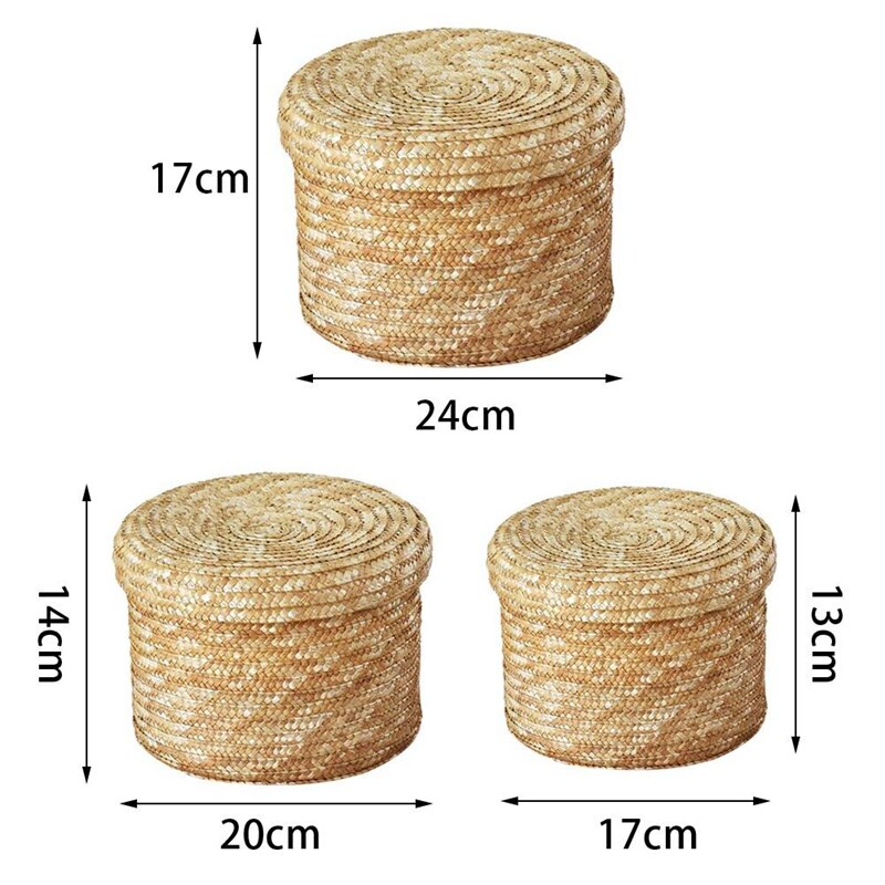 3 sztuk/zestaw ręcznie słomy pleciony koszyk z pokrywką przekąska organizator schowek kosze na pranie pojemnik ratanowy kosz na kwiaty