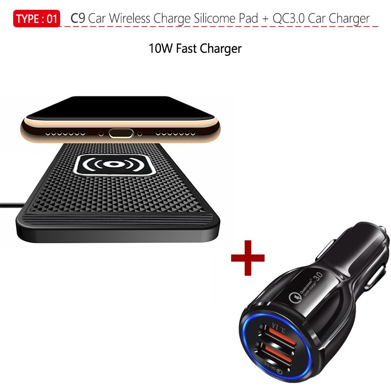 10W Qi Draadloze Auto Telefoon Oplader Snel Opladen Pad Mat Voor IPhone11Pro Xr Max Samsung S9 Xiaomi Huawei Smartphone lader: C9 Charge and QC3.0