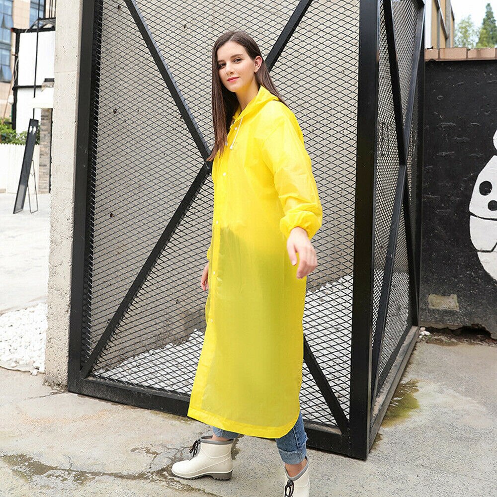 Adult Raincoat Clear Transparent Waterproof Plastic Reusable Rain Poncho Hood Lady Men Travel Camping Rainwear Suit: Yellow