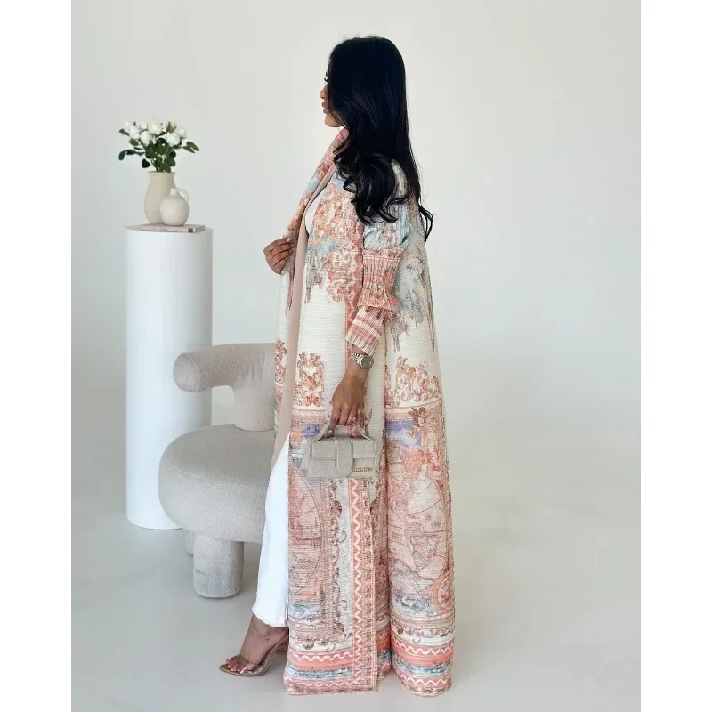 KAF Plissee Frauen Graben Mantel Jahrgang Gedruckt Strickjacke verlieren Plus Größe Frauen Lange Kleid Dubai Weibliche Luxus Abaya 2024