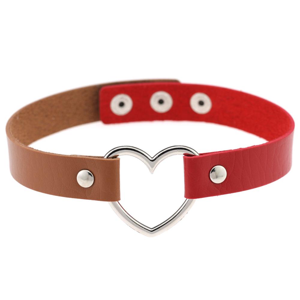 1PC Multi-Color Harajuku Punk Lady Gothic Leather Choker Heart Chain Spike Rivet Buckle Collar Necklace: red brown