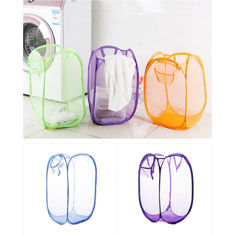 Foldable Mesh Up Washing Laundry Basket Bag Bin Hamper Storage (Ran Color)
