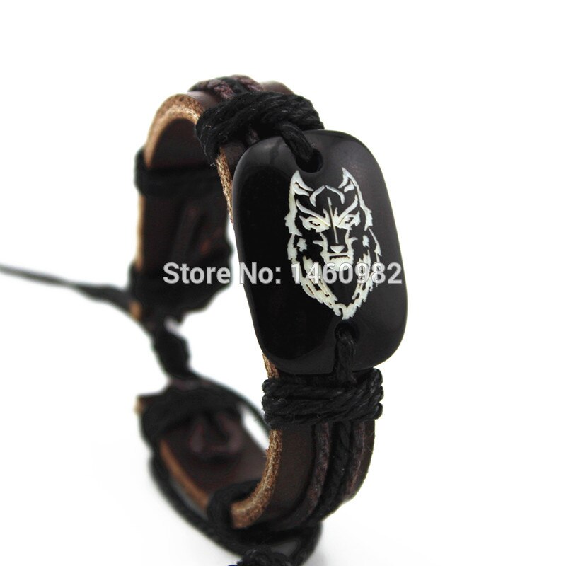 Cool Jongen mannen Hars Gesneden Totem Wolf Armbanden Vriendschap ID Lederen Armband YB22