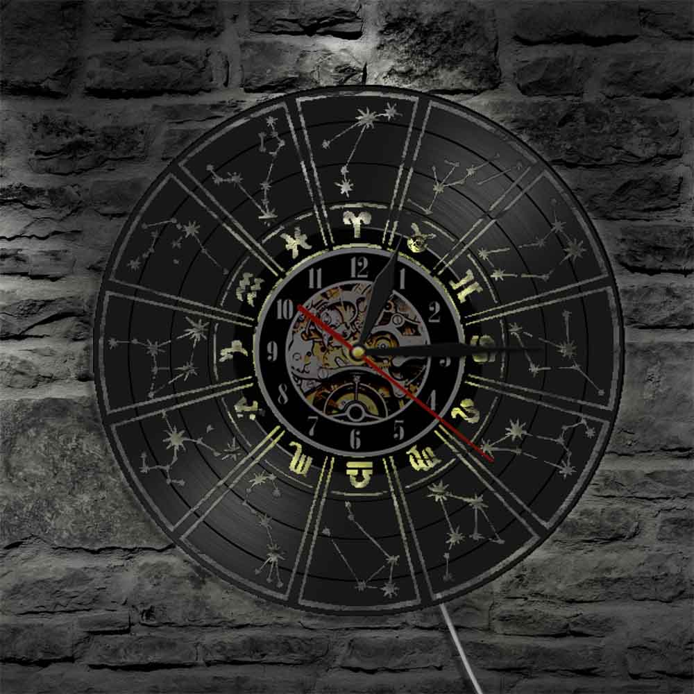 Zodiac Sign Wall Clock Astrology Stars Vinyl Record Wall Clock with Illuminated LED Light Living room Home Decor Zodiac