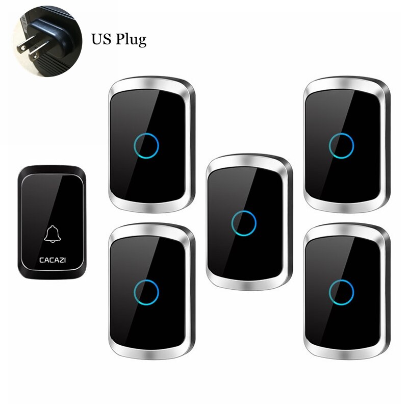 CACAZI Smart Wireless Door Bell Waterproof 1 Transmitter 5 Receiver US EU UK AU Plug Battery Home Bell Chime Wireless Ring Bell: black 1x5 US