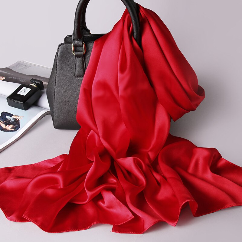 Natuurlijke Echte 100% Zijden Sjaal Vrouwen Luxe Zijde Sjaals Wraps Solid Pure Zijde Satijn Lange Sjaals Hijaabs 175x55cm: Red