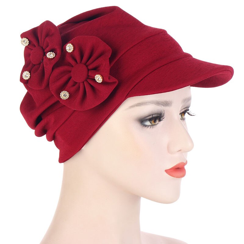 Muslim Turban Hijab Cap Women Turban Hat With Brim Flowers Head Wraps Solid Sun Protection Hats Lady Head Wear Turban: wine red
