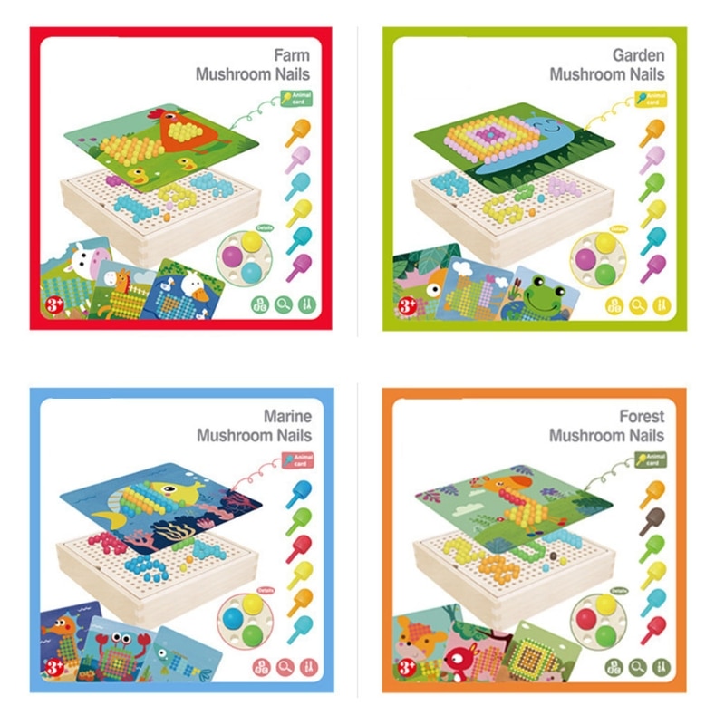 Jeu de Puzzle Intelligent 3D avec clous en forme de champignon, avec boîte de rangement en bois, planche de cheville en mosaïque, Puzzle pour enfants, jouets éducatifs de bricolage, 240 pièces