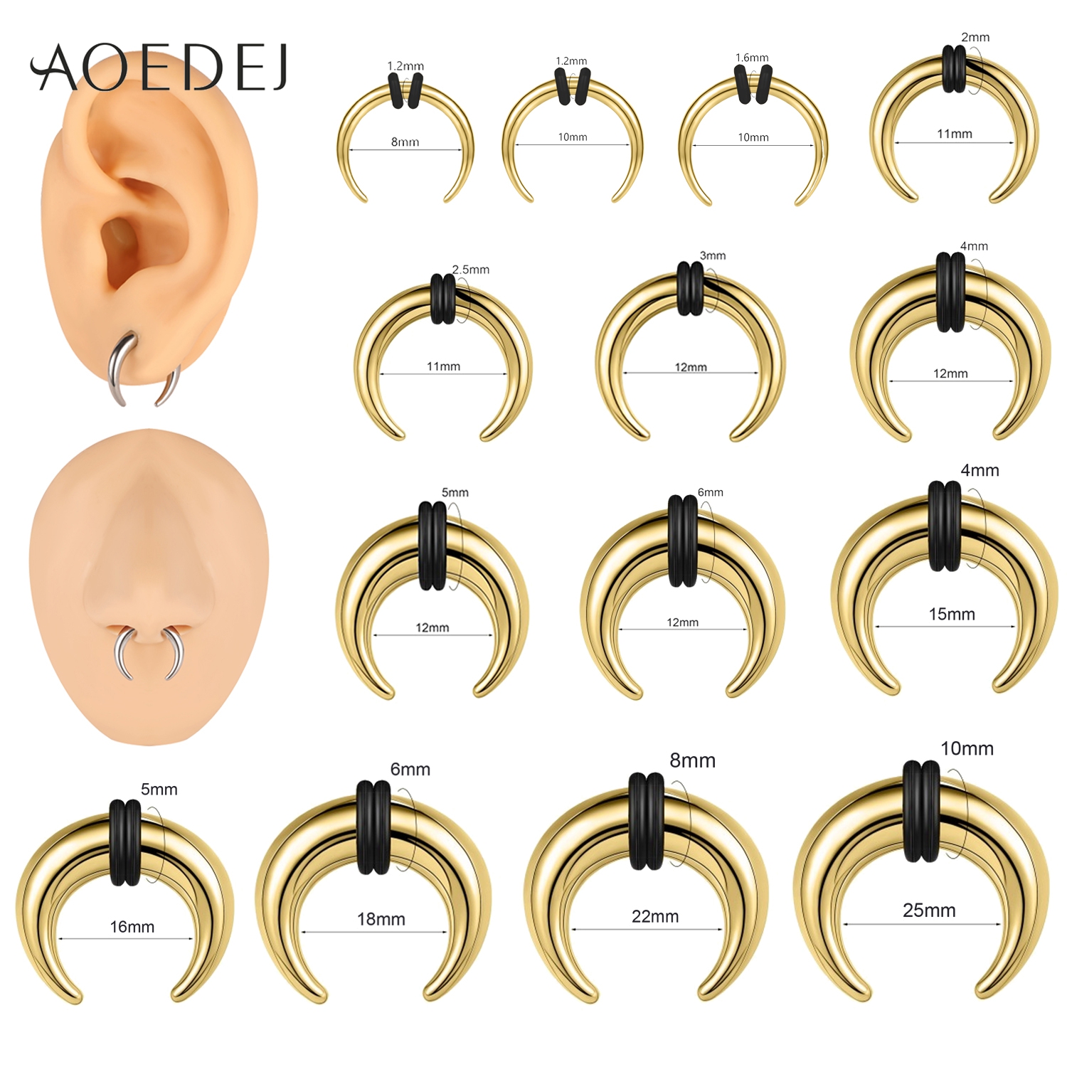 AOEDEJ 1Piece Stainless Steel Nose Ring 8-25mm Horseshoe Shape Septum Rings Colour Nose Studs Earring Punk Body Piercing Jewelry: Clear / Gold-color