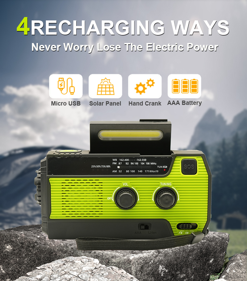 Radio fm portátil, manivela Solar, USB, carga de teléfono, Banco de energía, Radio meteorológica, alarma SOS de emergencia, linterna LED
