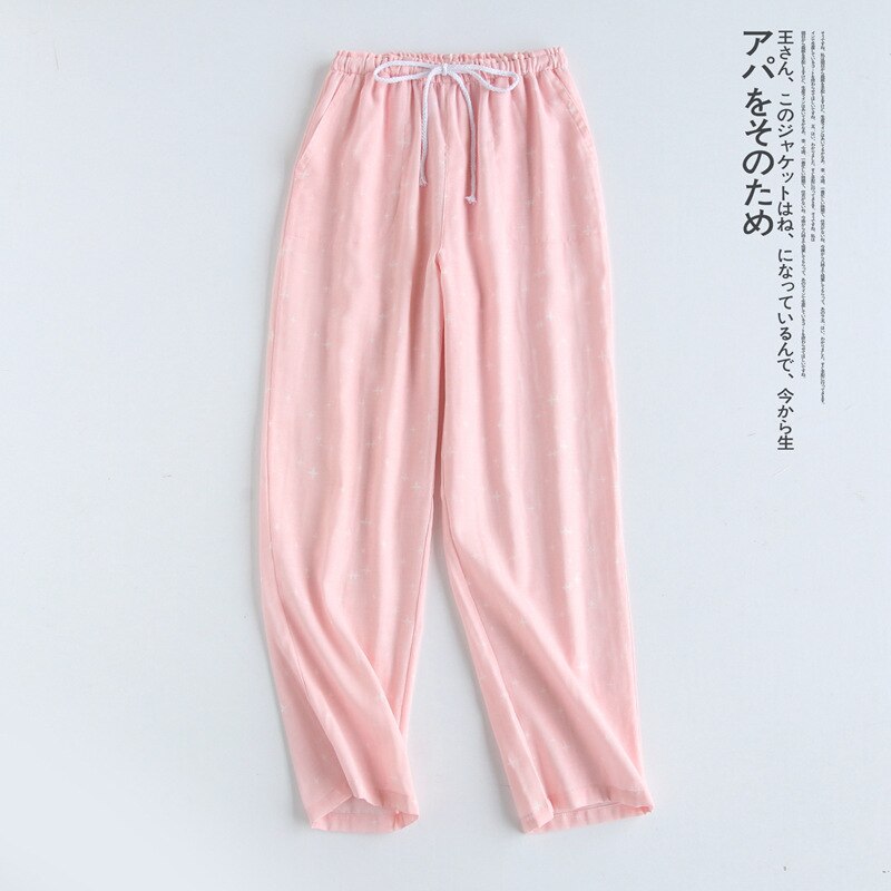 Herfst Katoen Dubbel Gaas Sleep Bottoms Paar Eenvoudige Sterren Pyjamabroek Vrouwen Losse Lounge Dragen Elastische Taille Thuis Kleren