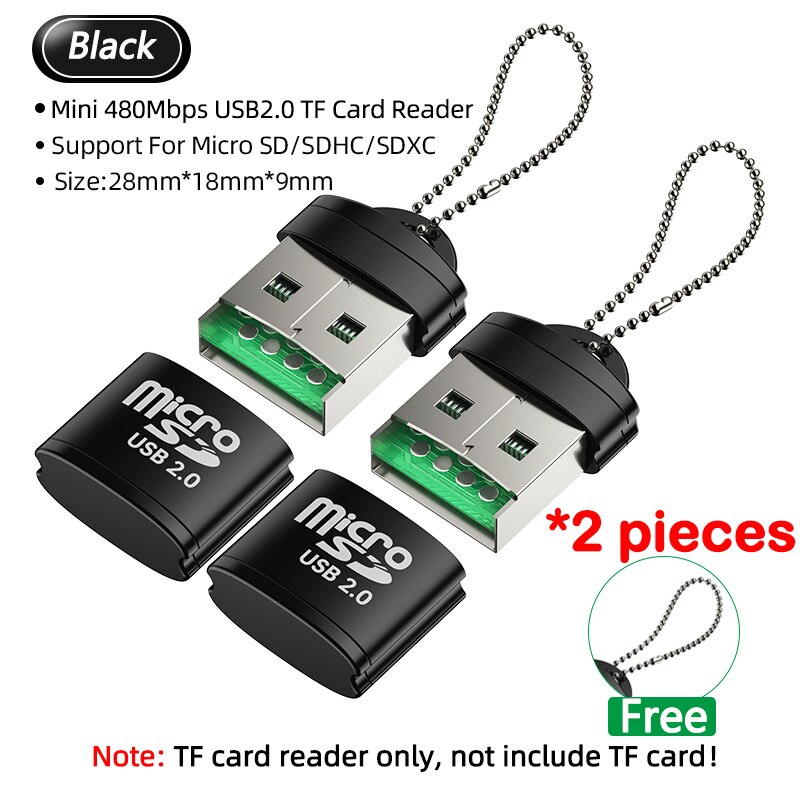 2Pcs Mini Usb Tf Sd Micro Reader Geheugenkaart Otg Type C Adapter Voor Auto Camera Laptop Notebook T flash Usbc Converter Sleutelhanger: Black 2pcs