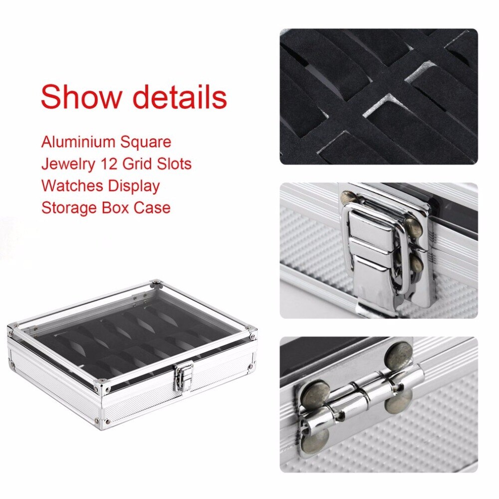 12 Grid Slots Watch Box Jewelry Display Storage Square Box Case Aluminium Suede Inside Container