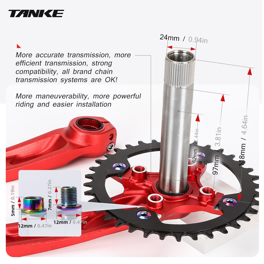 TANKE mountain bike Hollowtech crank 170mm MTB bicycle hollow integrated crankset 34 36t 104bcd chainring 7-13s speed chainwheel