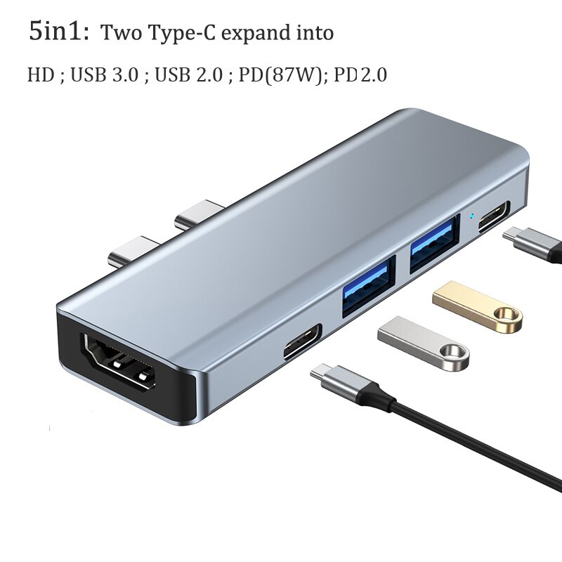 Direct Plug-in Type C Docking Station Macbook Adapter Pro Apple Laptop Usb Thunderbolt PD 4k HDMI-Compat Samsung Huawei Matebook: 5in1 two Type C port