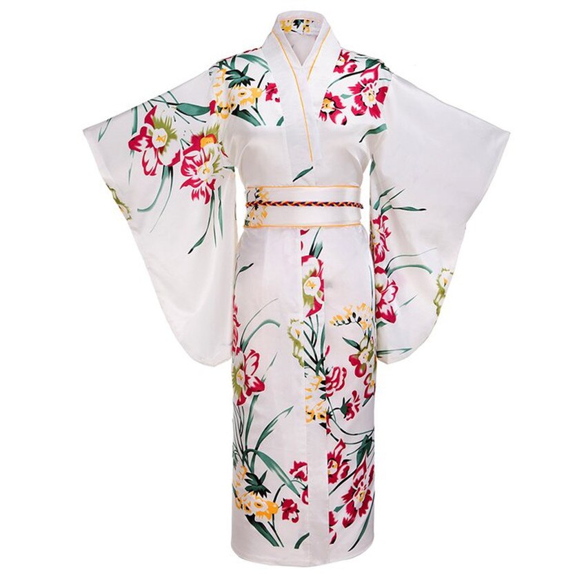 Kimono en soie et rayonne Yukata pour femmes, tenue de soirée Vintage avec fleurs Obi, Costume Cosplay, taille unique