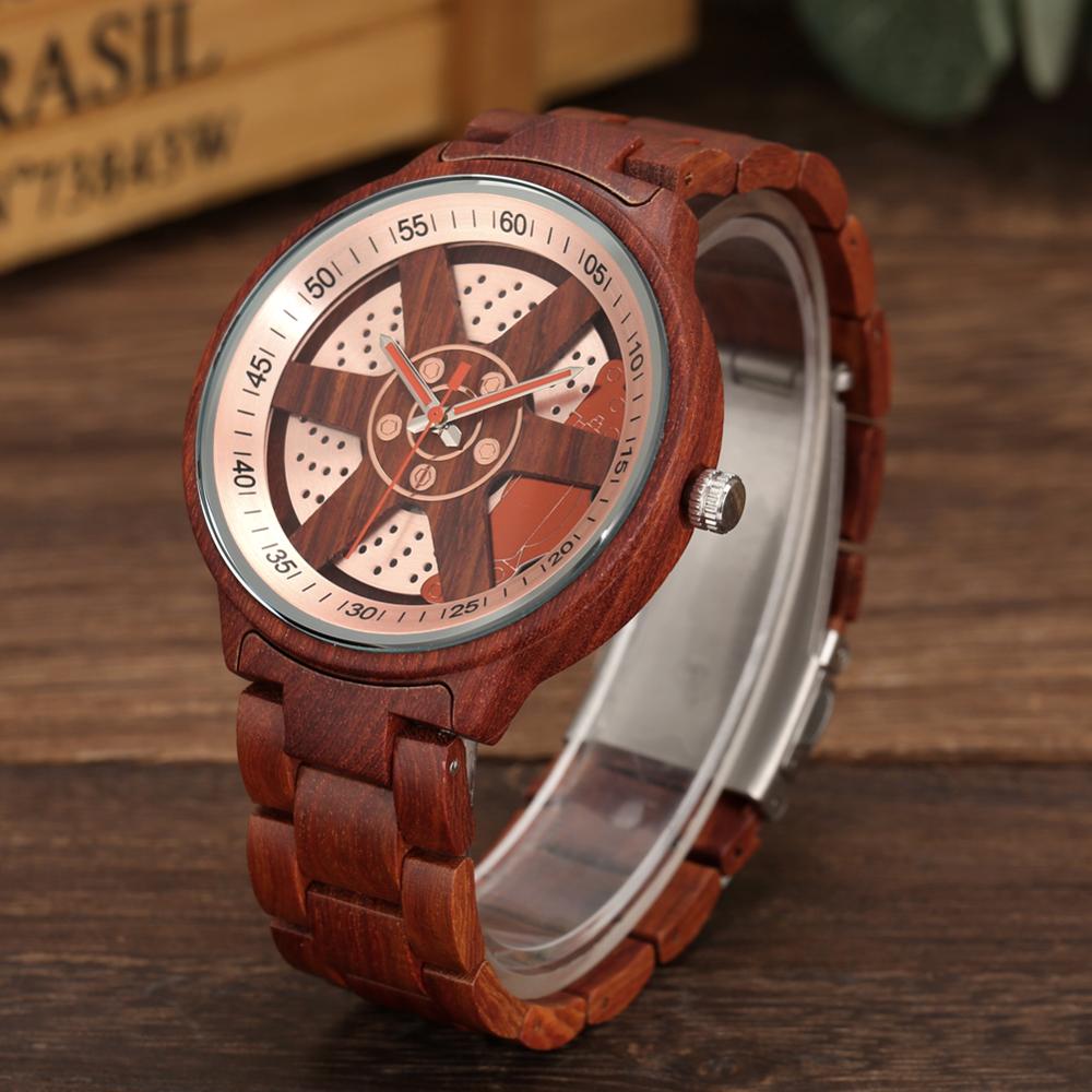 Heren Horloge Unieke Wiel Hub Precieze Schaal Rode Houten Horloge Verstelbare Houten Band Horloge Quartz Polshorloge Relojes Hombre