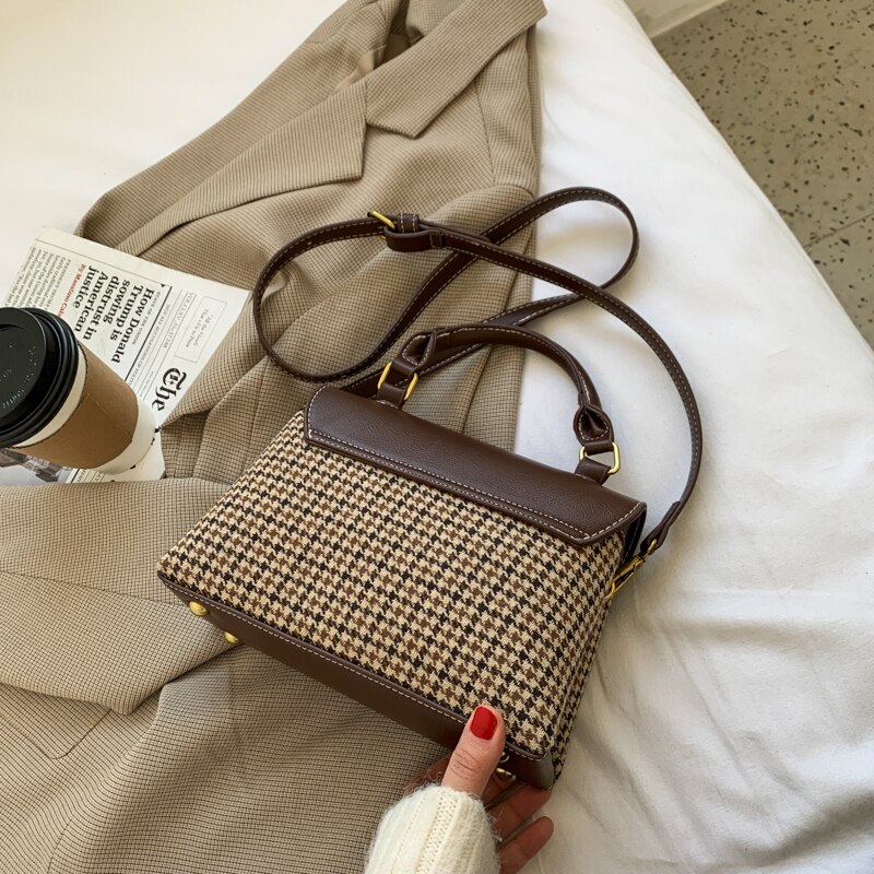 Handtassen voor vrouwen, pied-de-poule dames crossbody tas, handtassen, vintage pu leren schoudertassen met haakjes