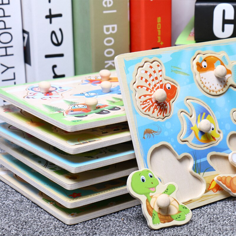 Wooden Puzzles Hand Grab Boards Toys Montessori Tangram Jigsaw Baby Educational Toys Cartoon Vehicle Animals Fruits 3D Puzzles