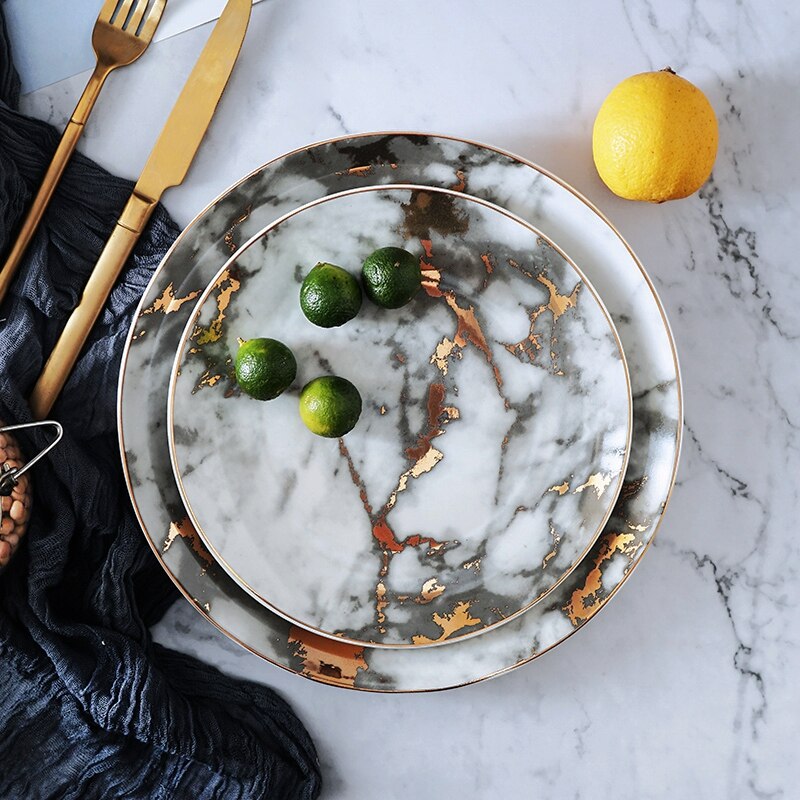 8 og 10 tommer guldindlæg marmor keramisk plade unikke middagsplader fad dessertplade kageplade keramisk spisestel plade