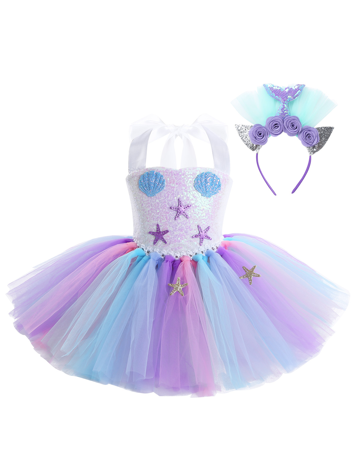 Vestido de tutú de malla para niña y niño, traje de cuello Halter, lentejuelas brillantes, festoneado y estrella de mar con aro de pelo para disfraz de de Halloween, 2 uds.: 8-9Y