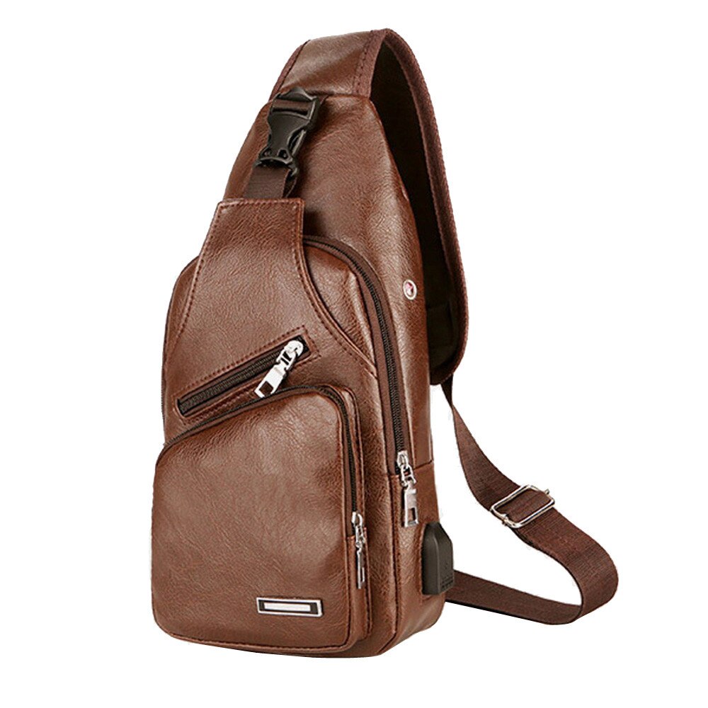 Geschäft Tasche Neue Männer Leder USB Tragbare Ladung lässig Sport Rucksack Crossbody Schulter Tasche Brust Tasche: Kakifarbig