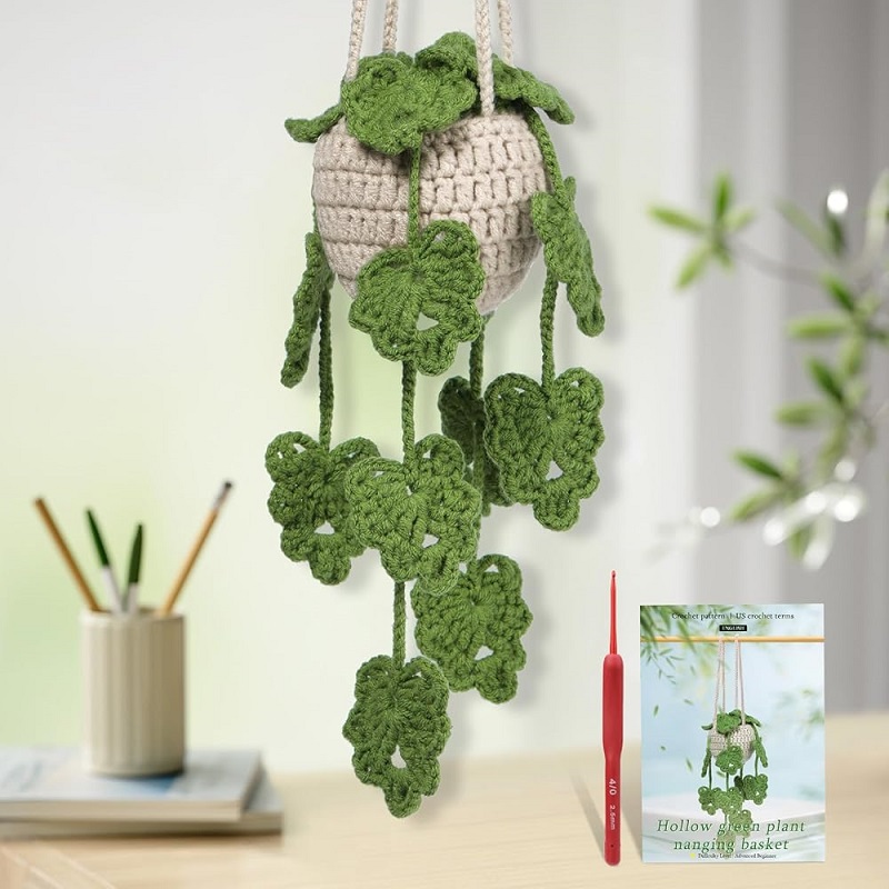 Buddur pendurado vasos de plantas crochê tricô kit com fio de algodão instruções para iniciante diy material não-acabado: Verde claro