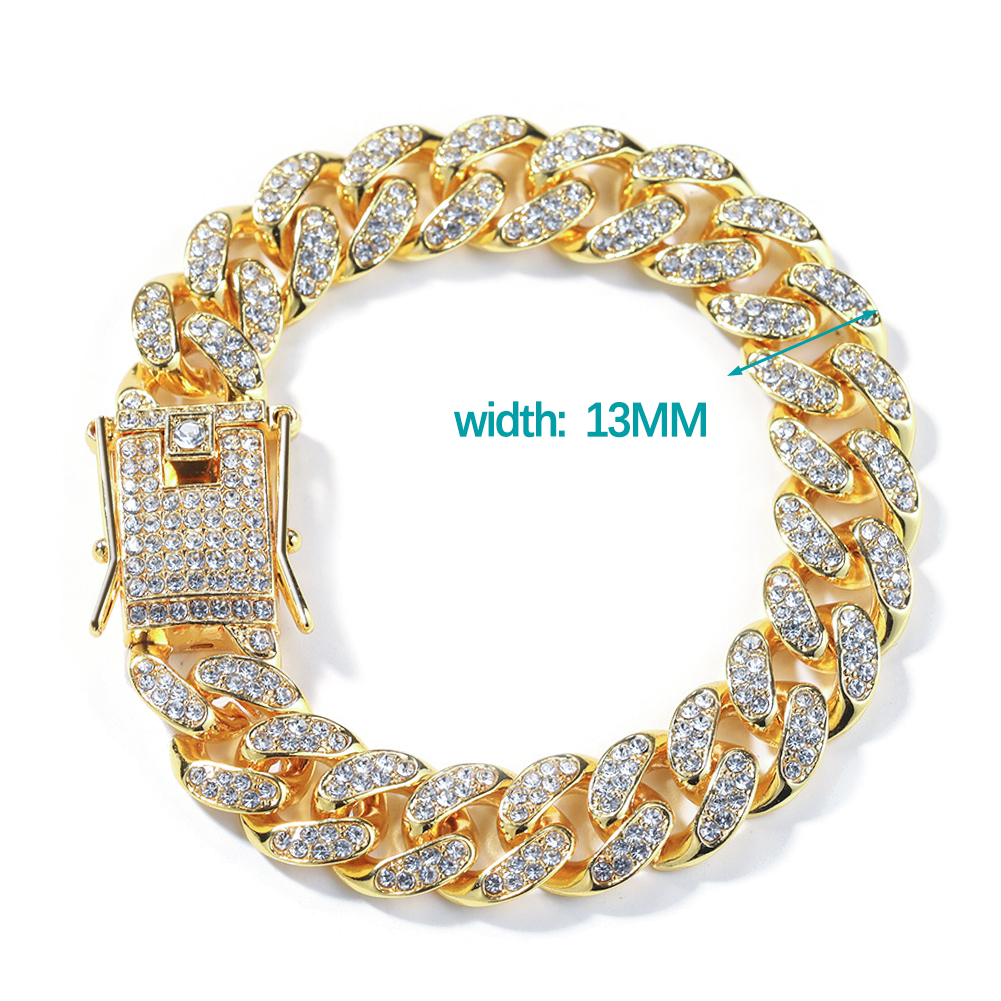 HipHop Men Women 13MM Prong Cuban Link Chain Bracelet Bling Iced Out 2 Row Rhinestone Paved Miami Rhombus Cuban Chain Jewelry: 16cm / Hot Stamping