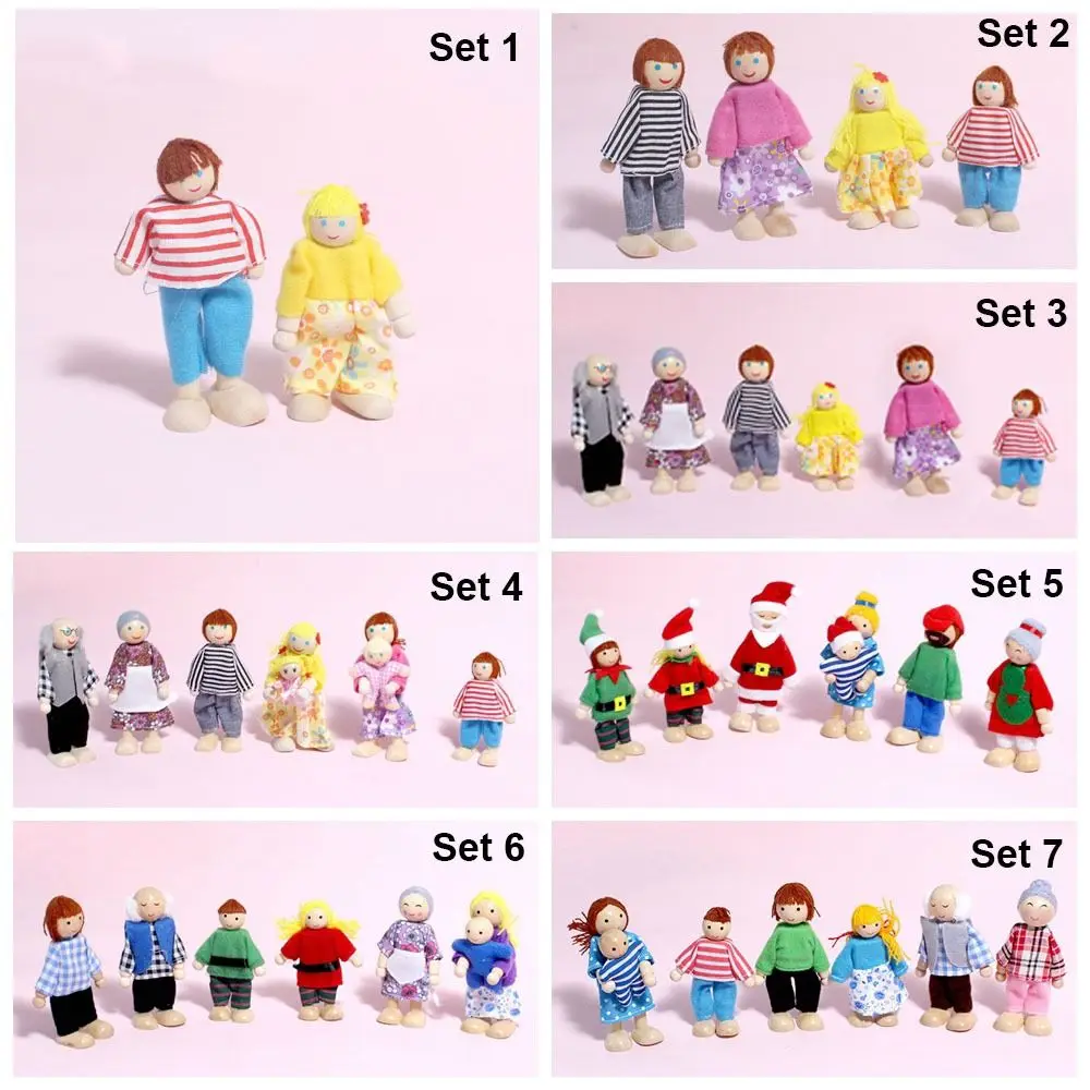 Giocattolo in legno Persone Bambole Famiglia multicolore Mobilità articolare Giocattolo Figura impostato Puntelli per foto Regalo per bambini Casa delle bambole in legno